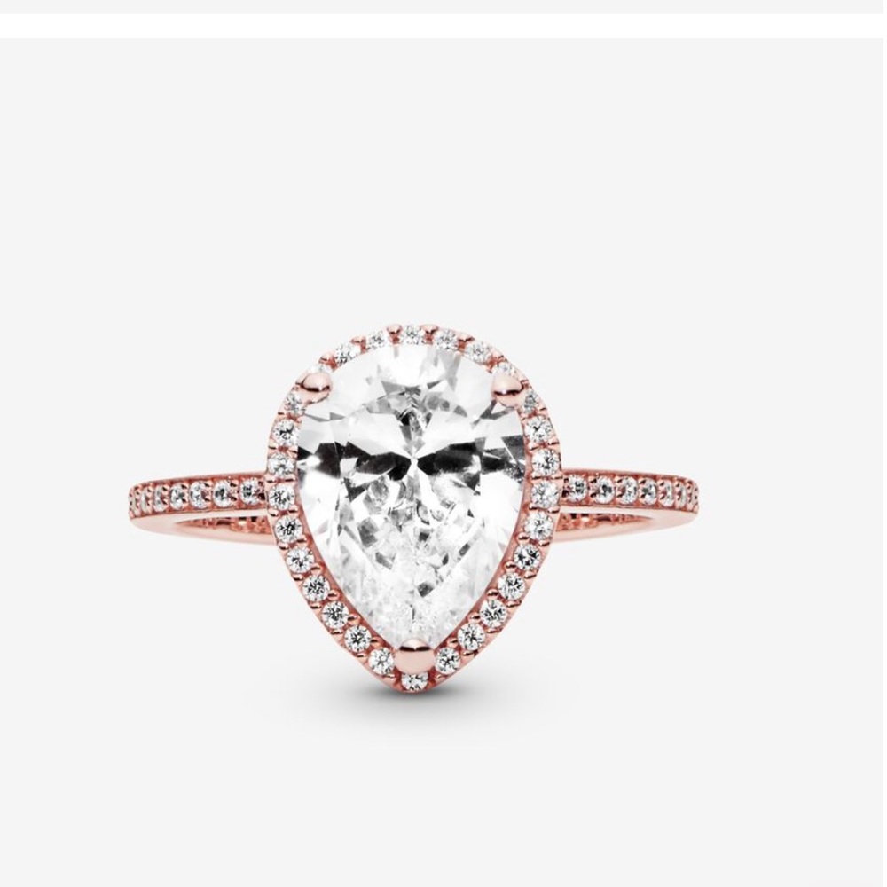 Pandora best selling Sparkling Teardrop Halo Ring in rose gold plated. Size 6.